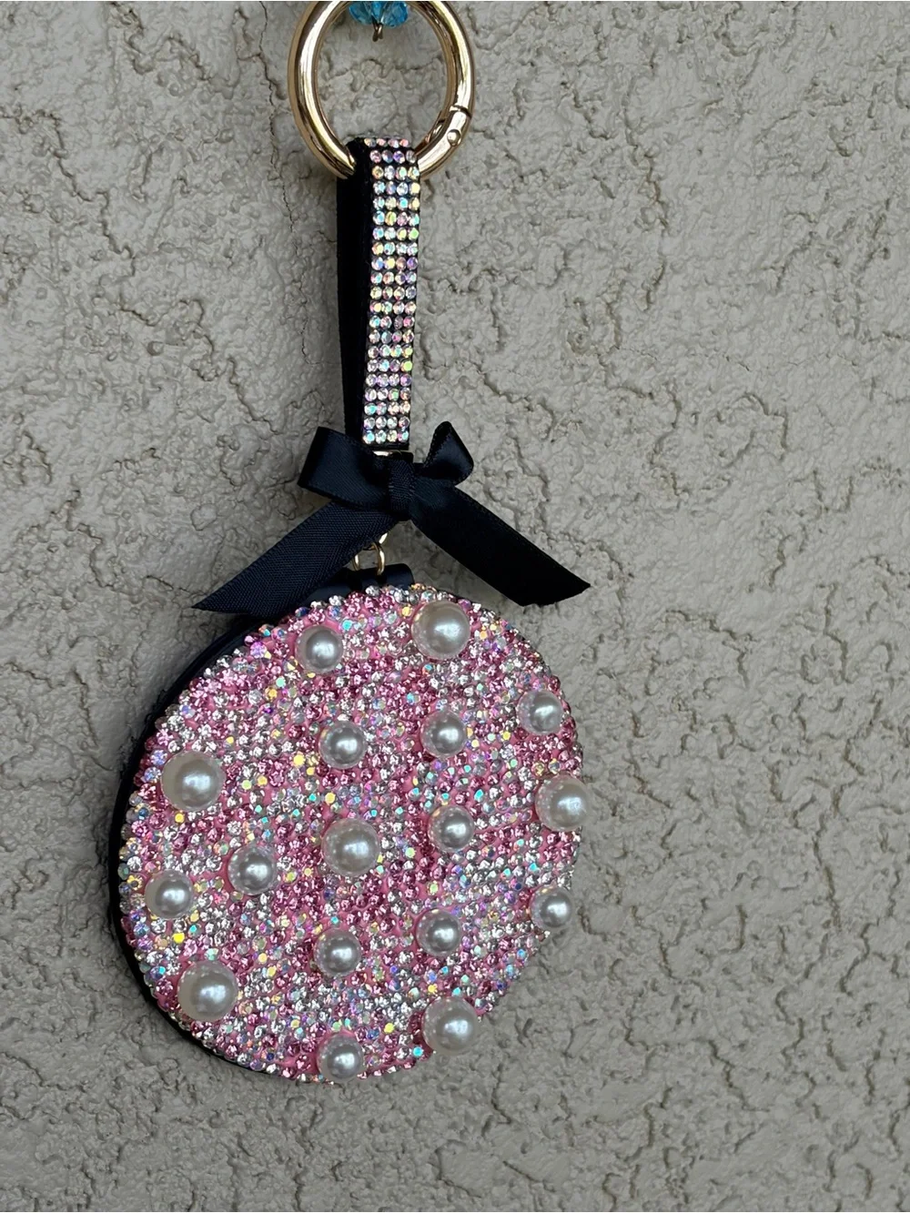 Bedazzled Pink Pearl & Crystal Round Keychain/Mirror